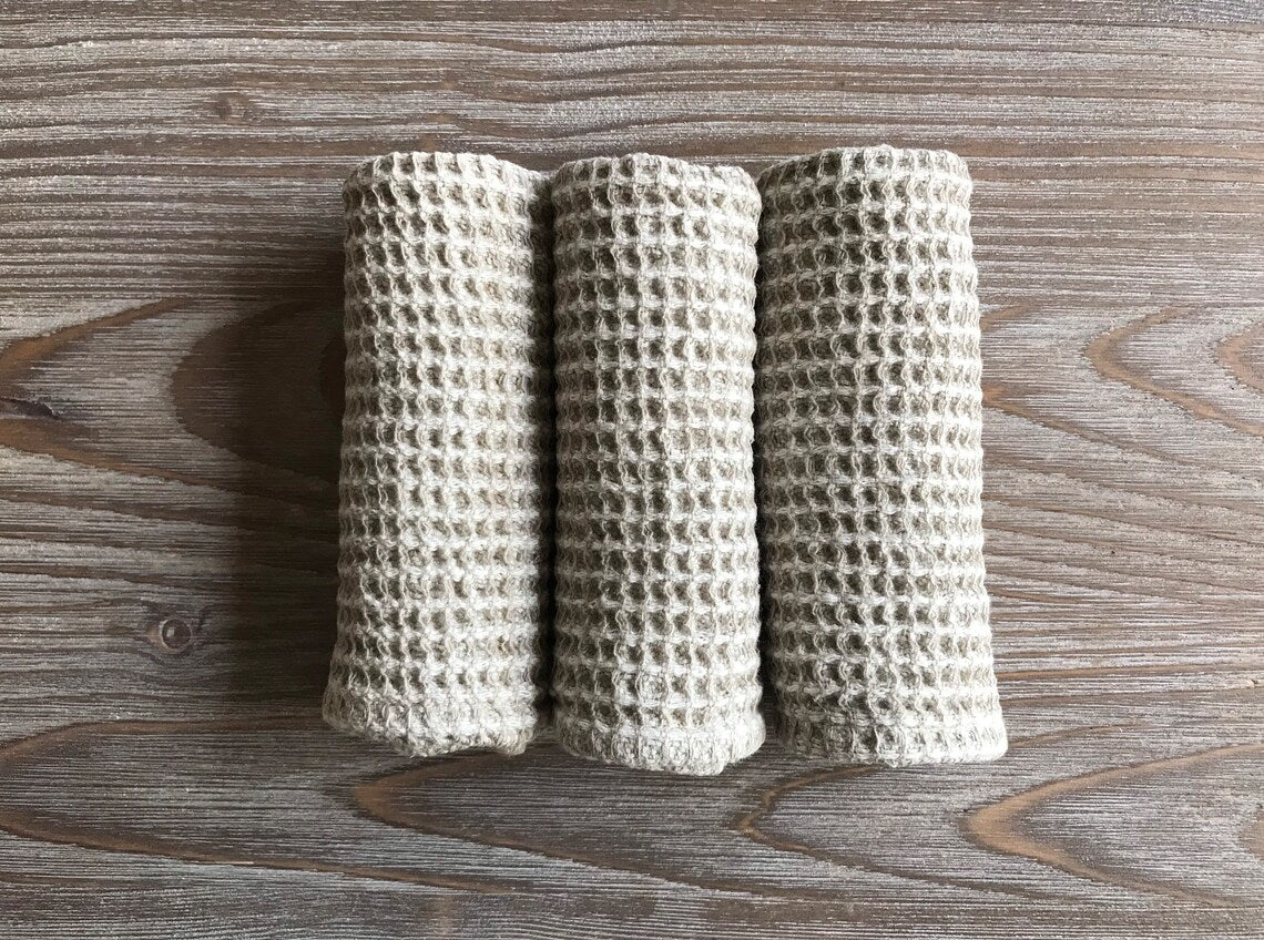 Kitchen linen dish cloth. Set of 4. Waffle natural linen