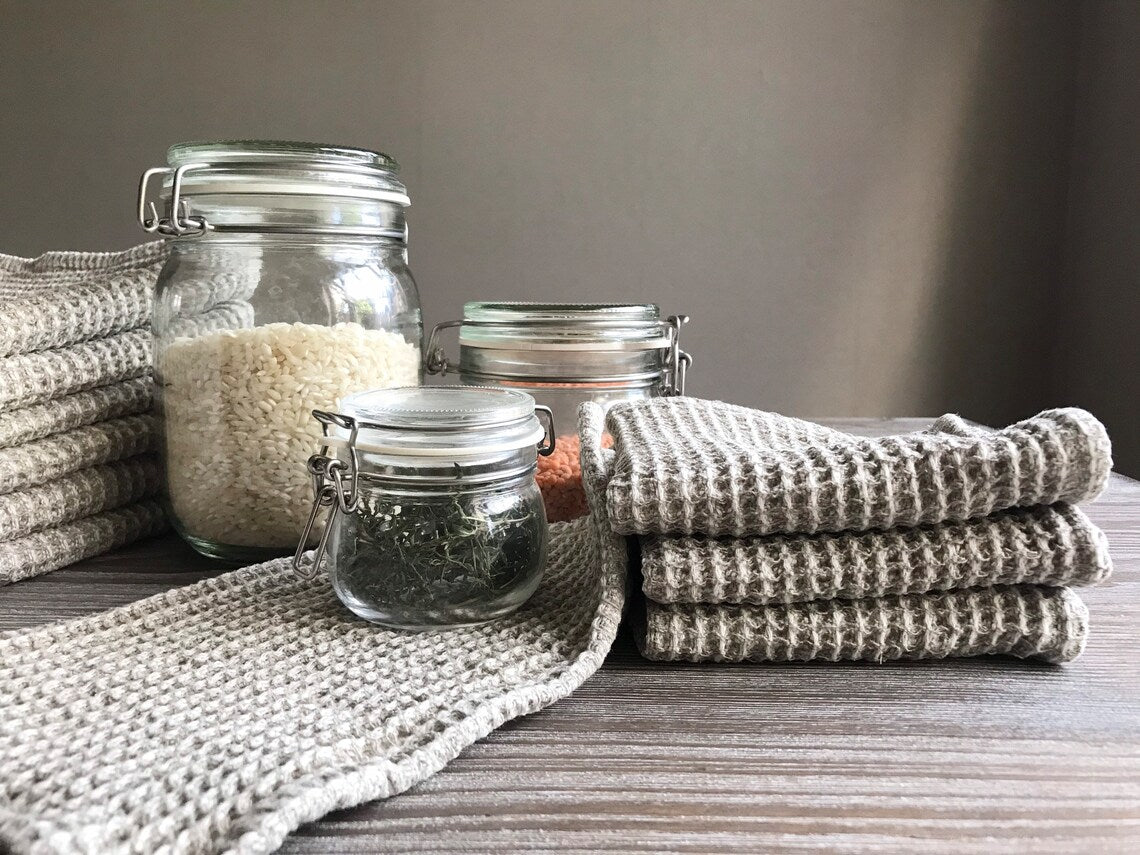 Kitchen linen dish cloth. Set of 4. Waffle natural linen