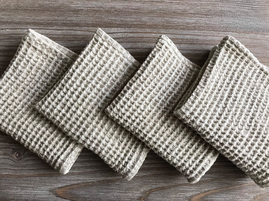 Kitchen linen dish cloth. Set of 4. Waffle natural linen
