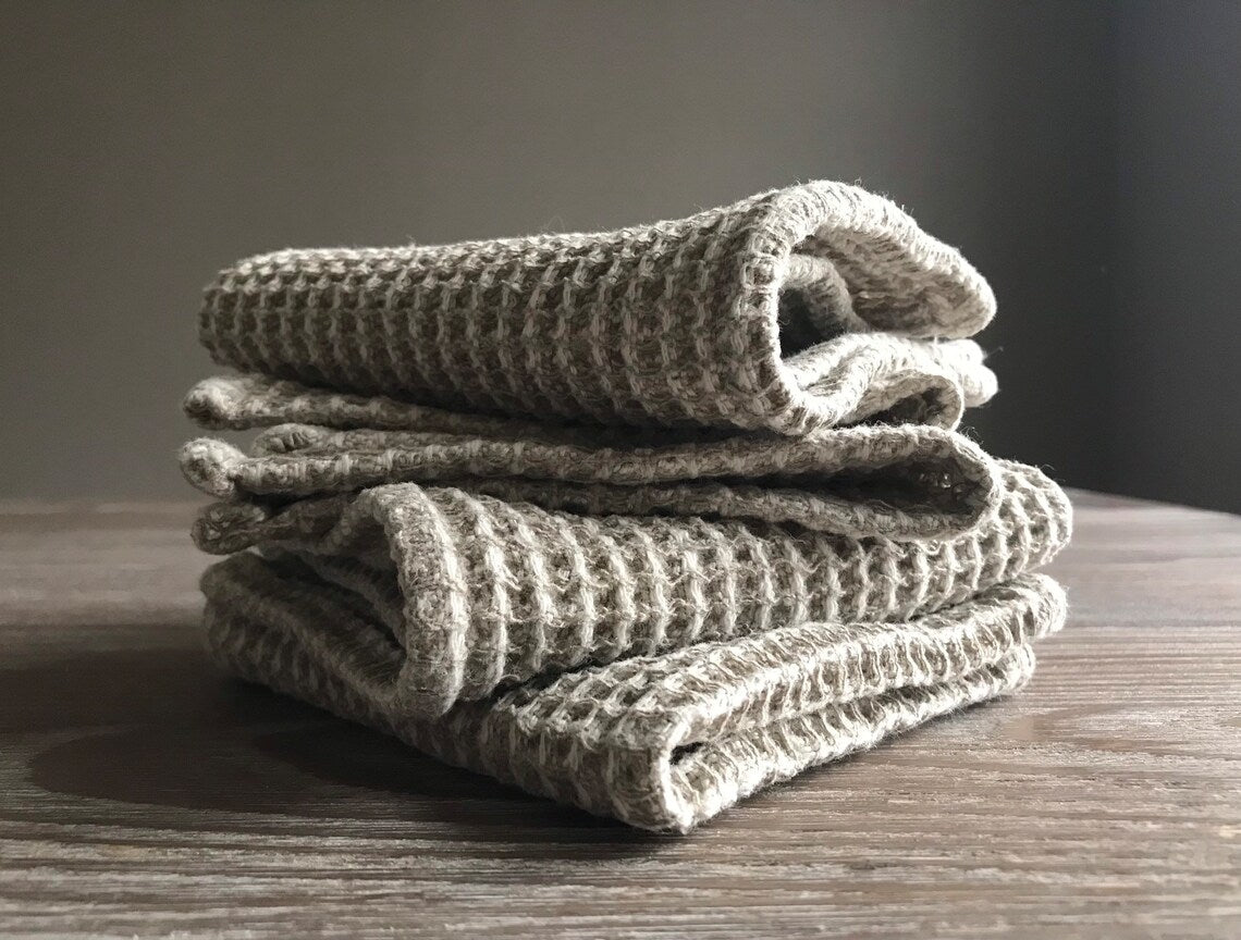 Kitchen linen dish cloth. Set of 4. Waffle natural linen