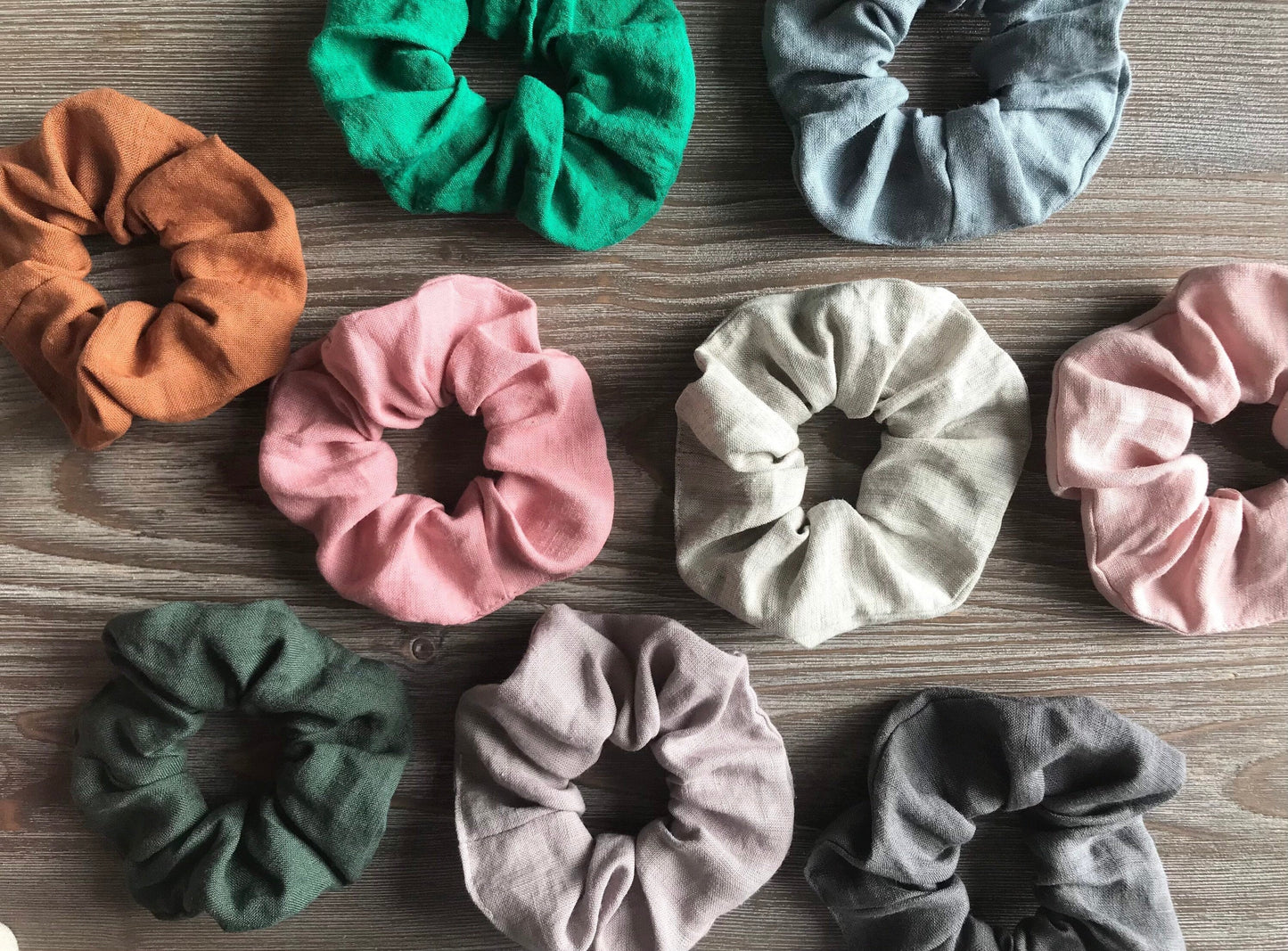 Linen hair scrunchie in assorted colors. Linen hair tie