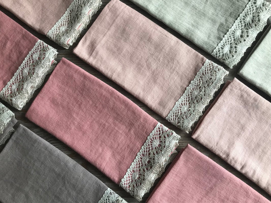 100% Linen napkin with 100% linen lace. Assorted colors