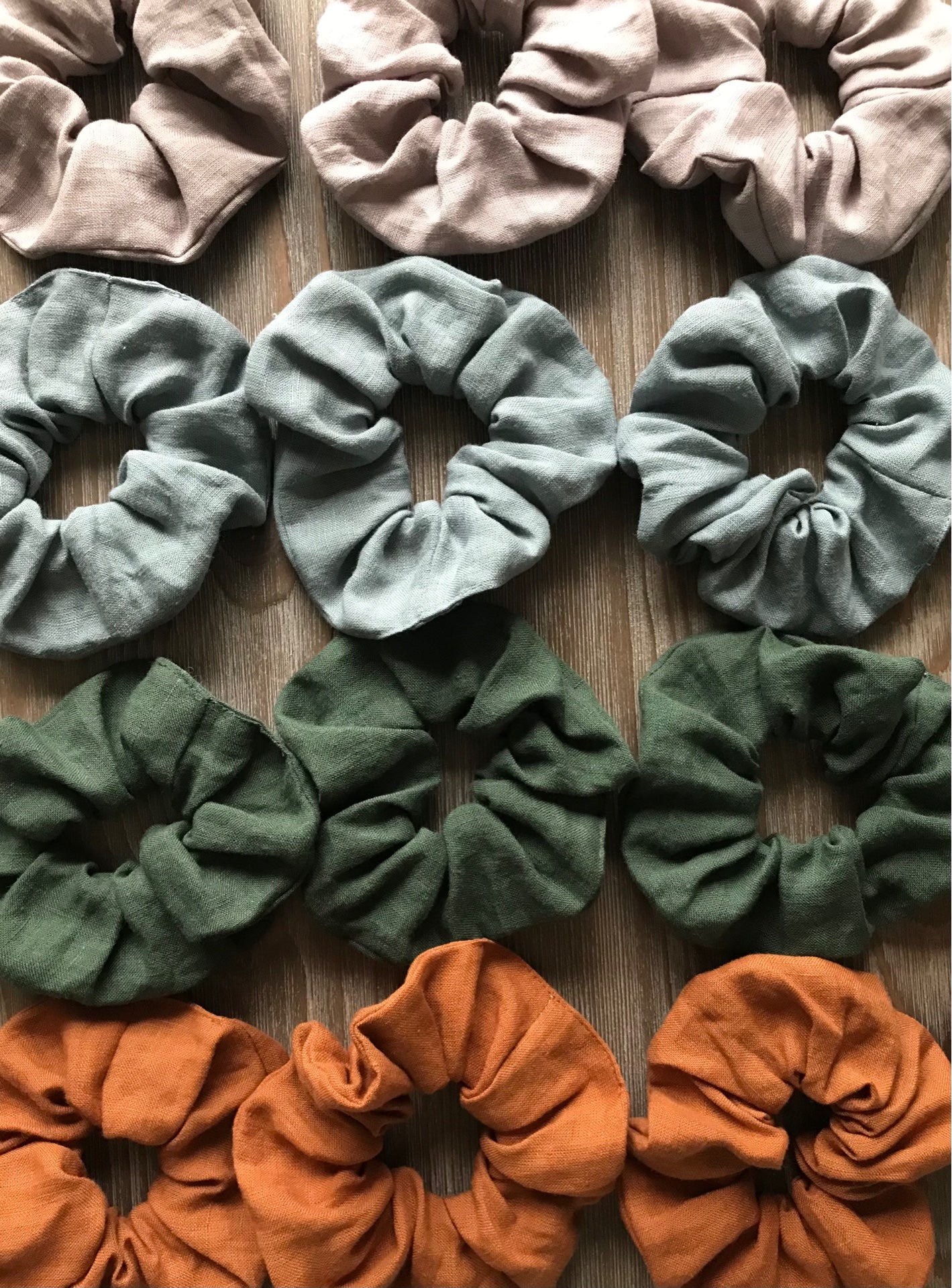 Linen hair scrunchie in assorted colors. Linen hair tie