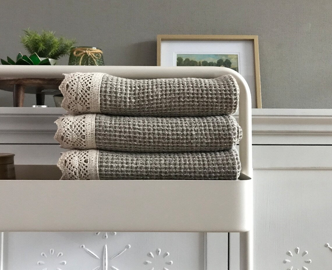 100% Linen waffle hand or guest towel with lace. Natural linen