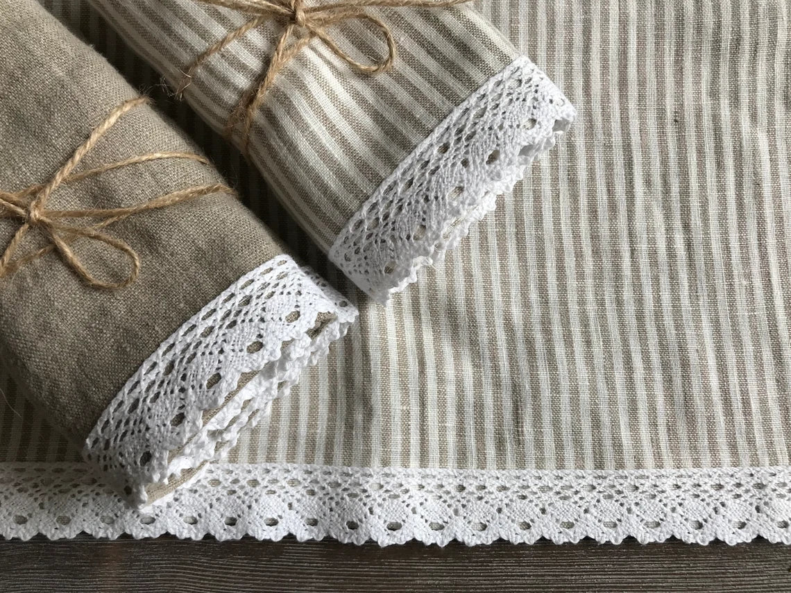 Linen tea towel with lace trim. Natural Linen. Beige stripes