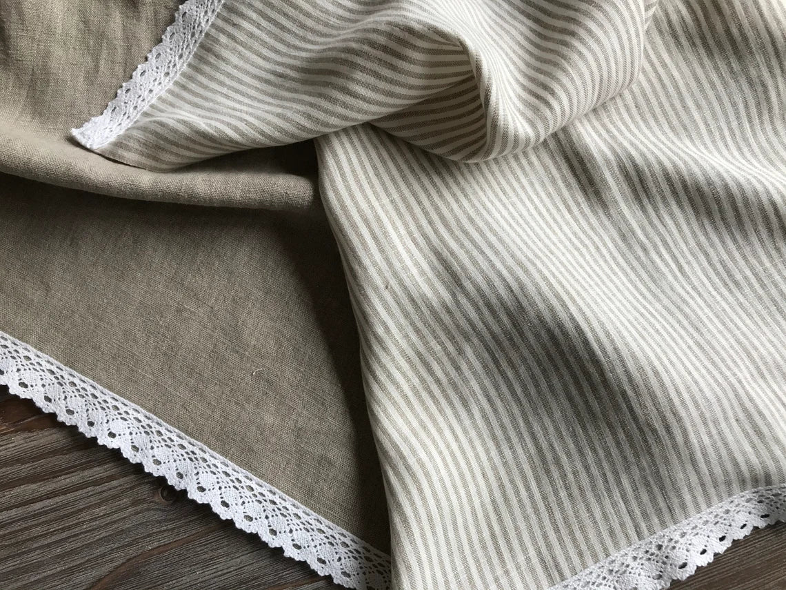 Linen tea towel with lace trim. Natural Linen. Beige stripes