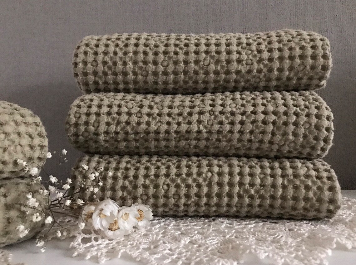 Linen waffle bath or hand towel in different sizes. Olive green