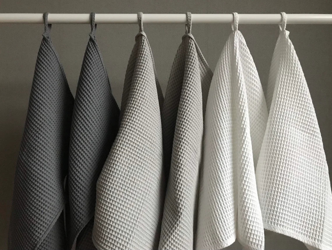 Cotton waffle kitchen towels. Hand towel. White gray