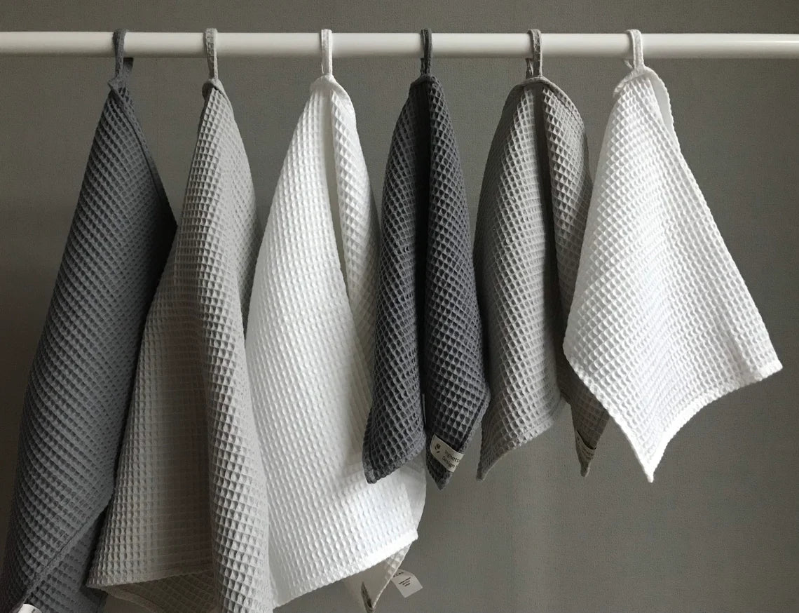 Cotton waffle kitchen towels. Hand towel. White gray
