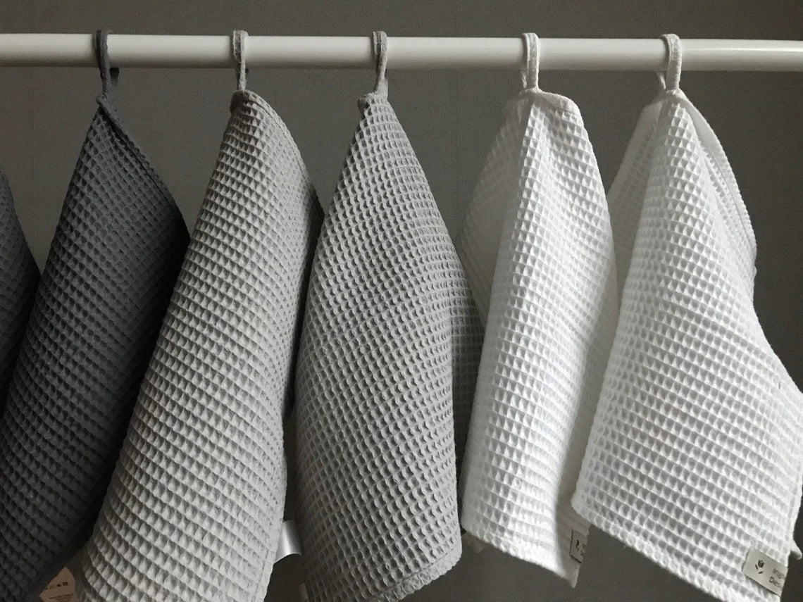 Cotton waffle kitchen towels. Hand towel. White gray