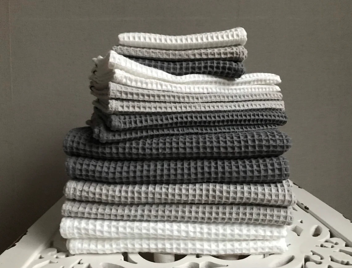 Cotton waffle kitchen towels. Hand towel. White gray