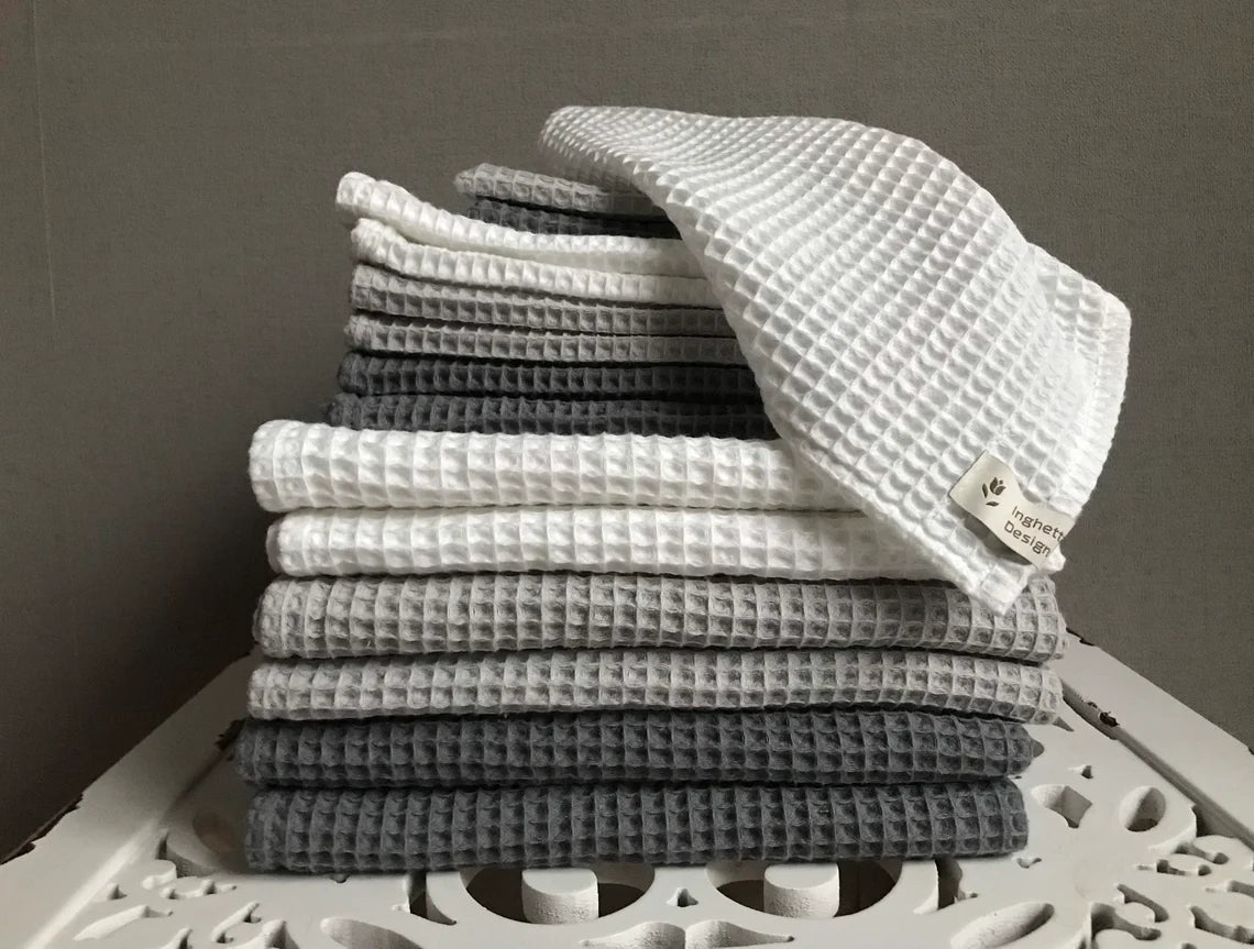 Cotton waffle kitchen towels. Hand towel. White gray