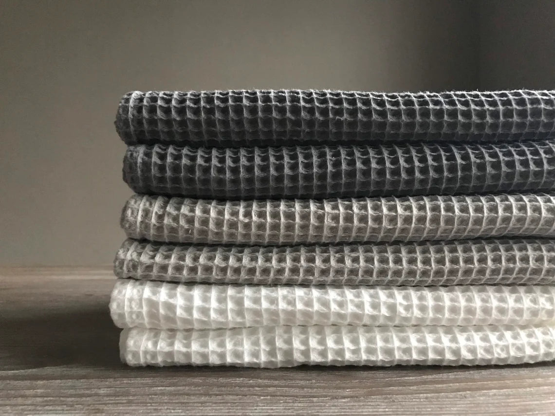 Cotton waffle kitchen towels. Hand towel. White gray