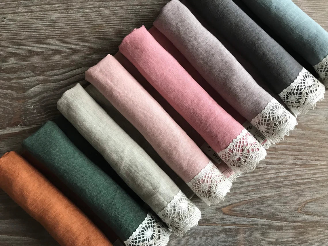 Linen napkin with lace. Assorted colors