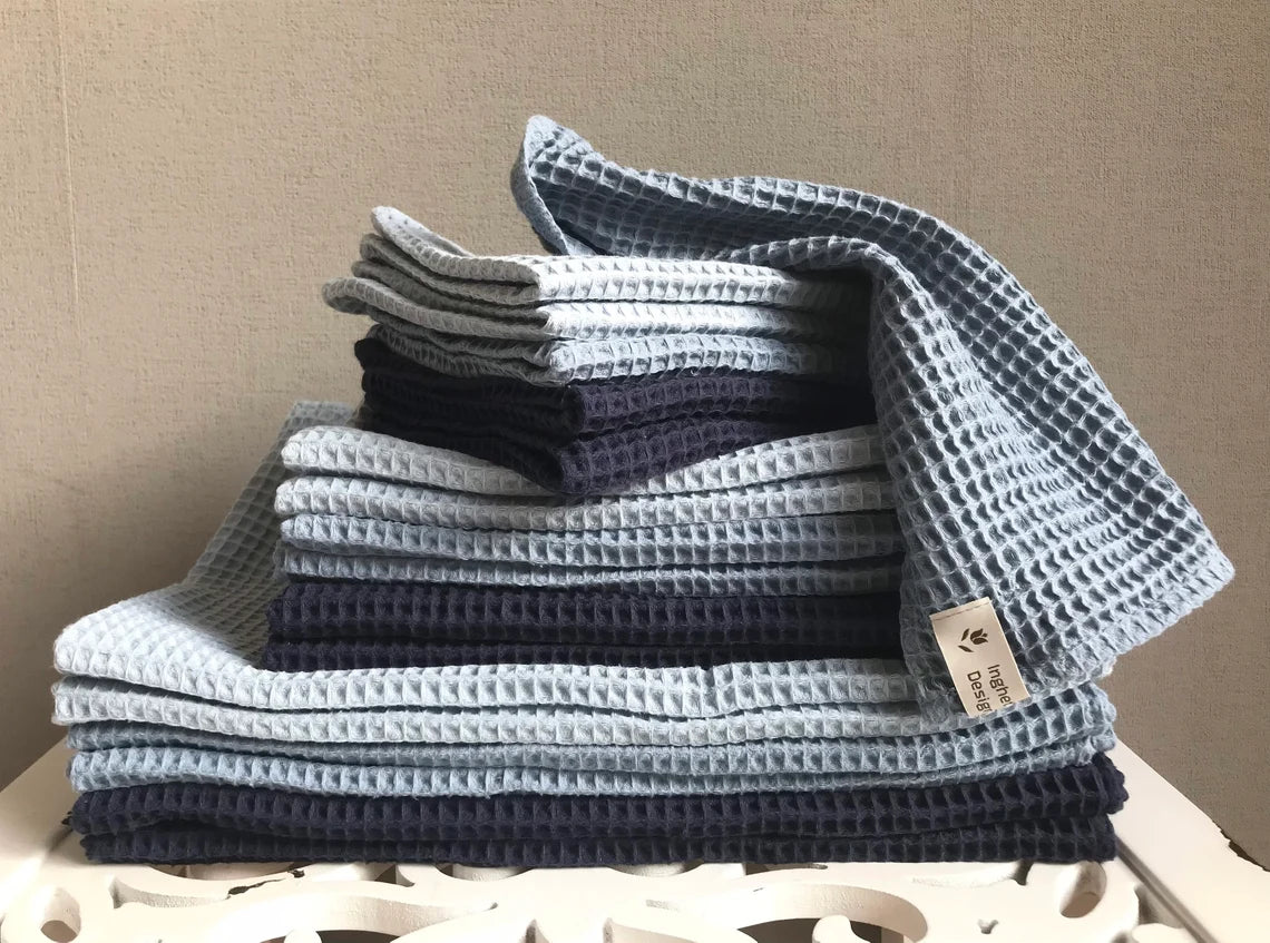 Cotton waffle kitchen towels. Hand towel. Blue