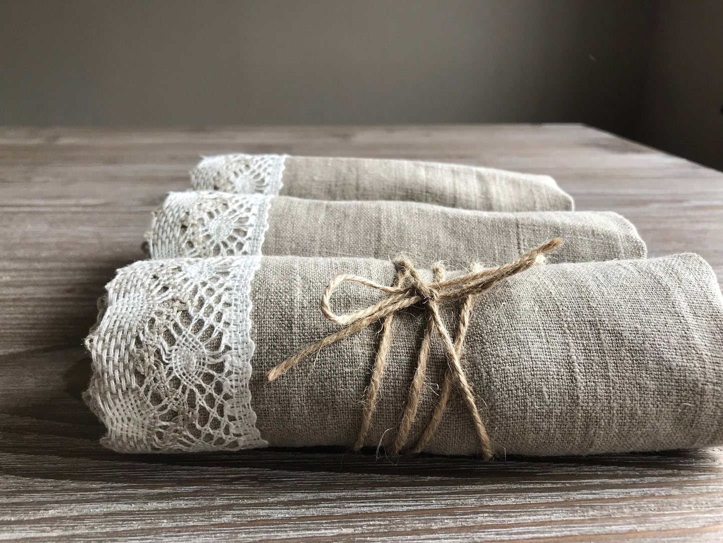 Linen napkins with lace. Natural linen color