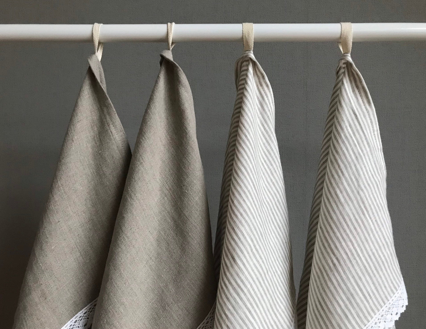 Linen tea towel with lace trim. Natural Linen. Beige stripes