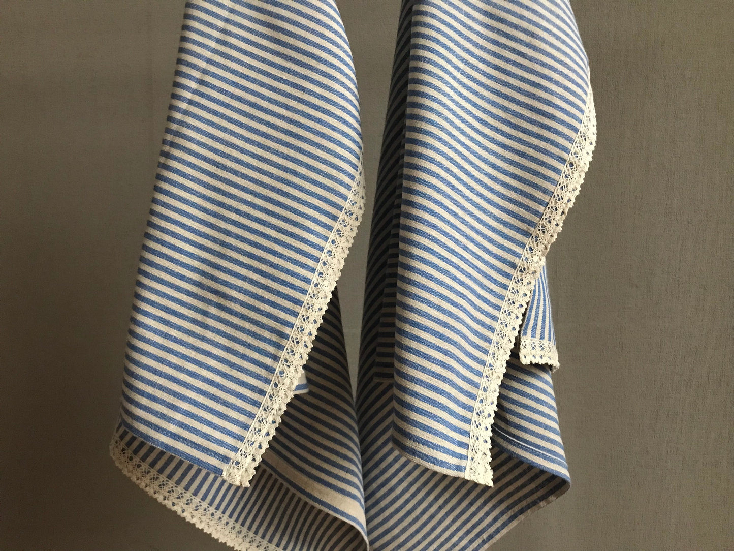 Linen tea towel with lace. Blue stripes