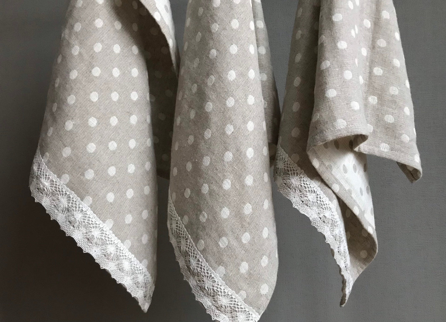 Linen tea towel with lace. Natural linen, polka dot