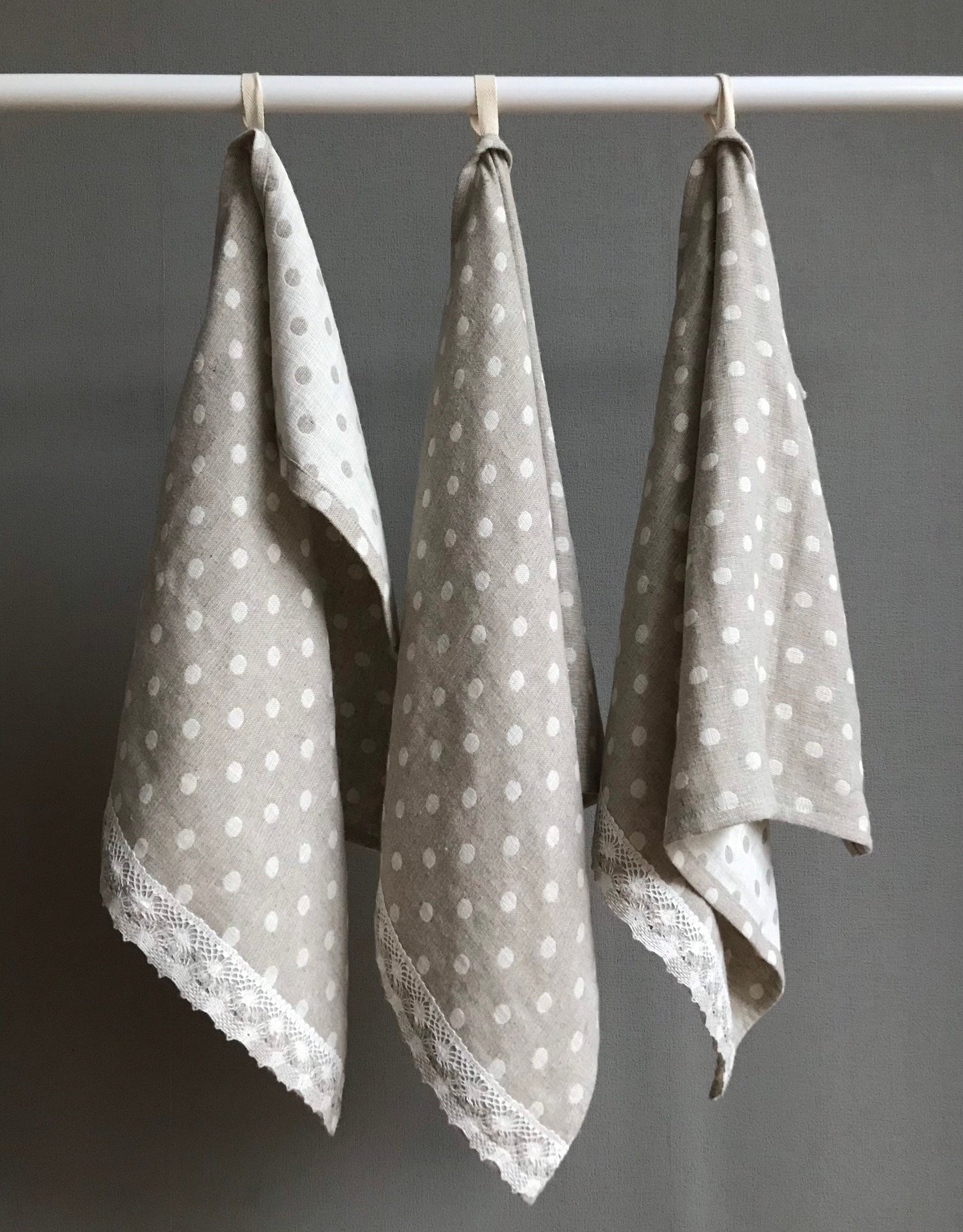 Linen tea towel with lace. Natural linen, polka dot