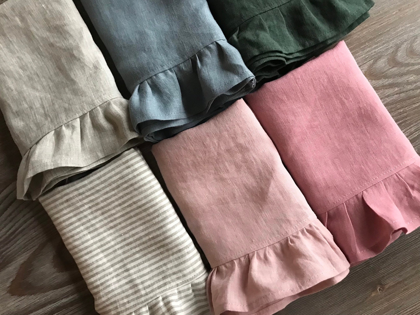 100% linen ruffled tea towel. Assorted colors