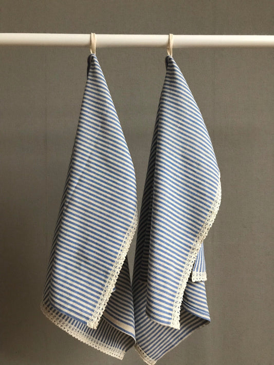 Linen tea towel with lace. Blue stripes