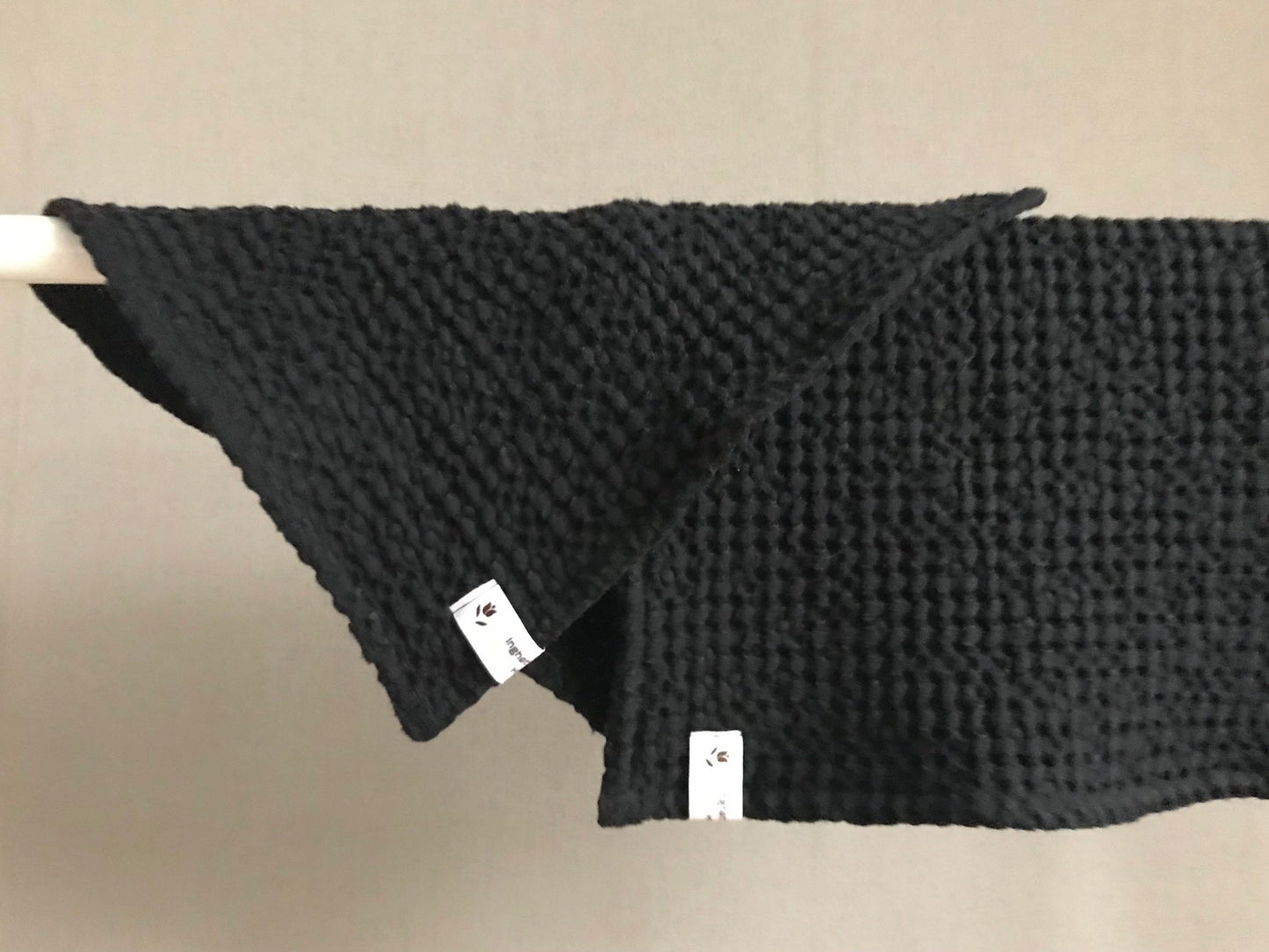 Fingertip waffle weave linen towel. Small face towel. Charcoal black