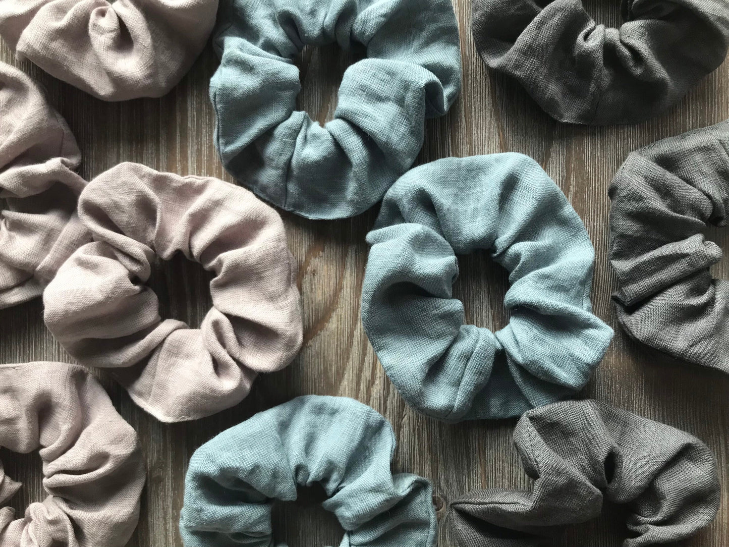 Linen hair scrunchie in assorted colors. Linen hair tie