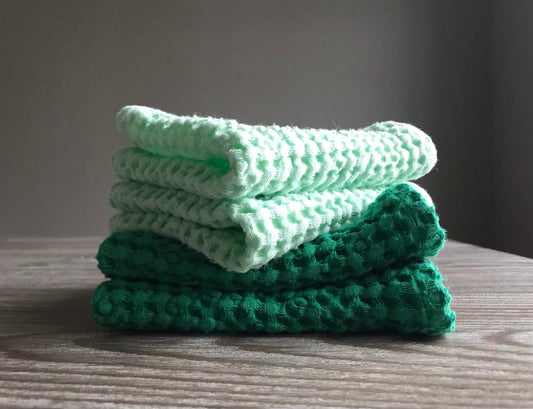 Set of 4 kitchen waffle linen dish clothes. Mint, emerald green