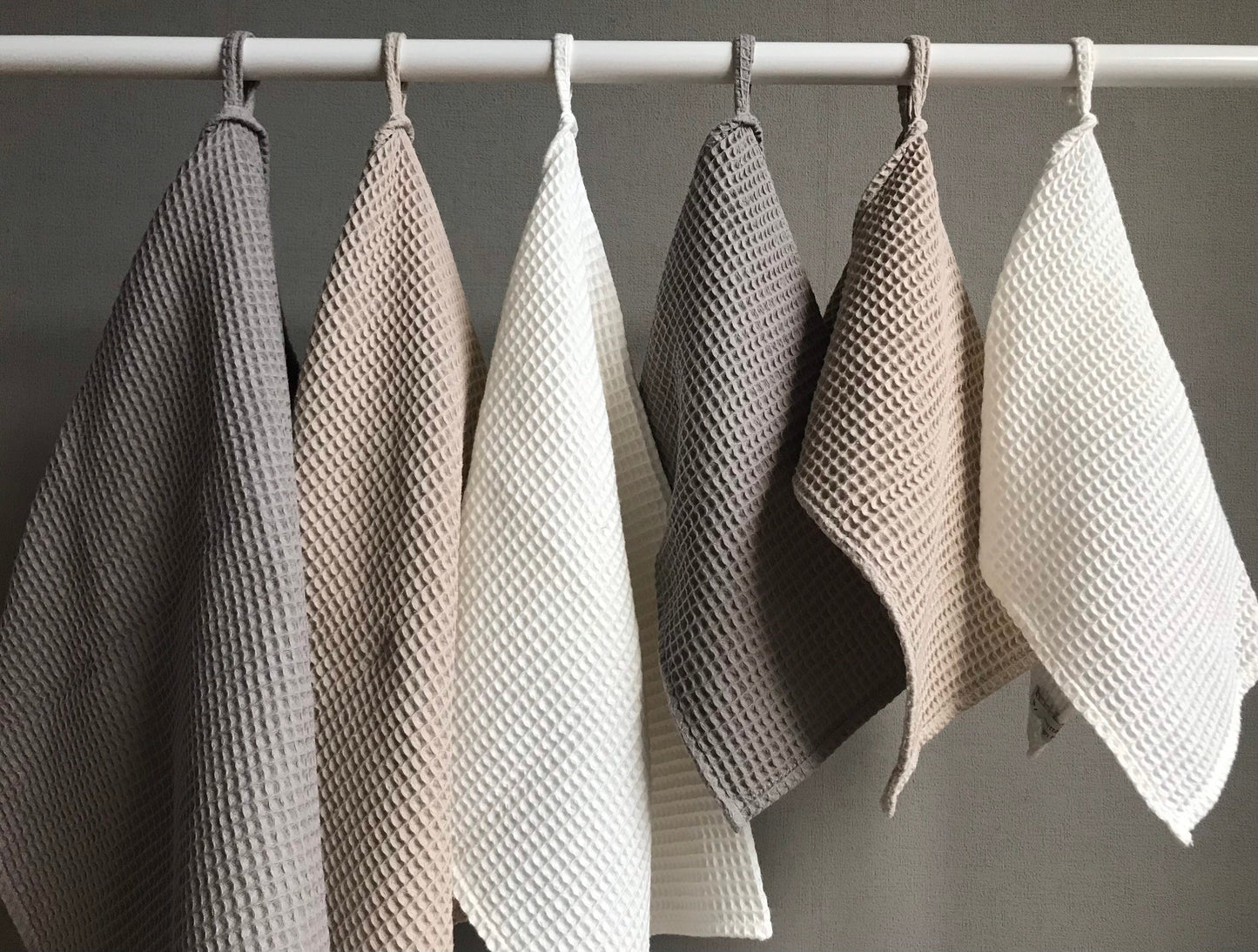 Cotton waffle weave tea towels. Kitchen hand towel. Beige