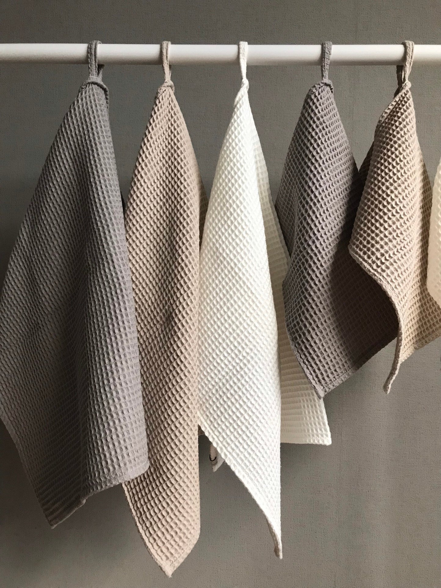 Cotton waffle weave tea towels. Kitchen hand towel. Beige