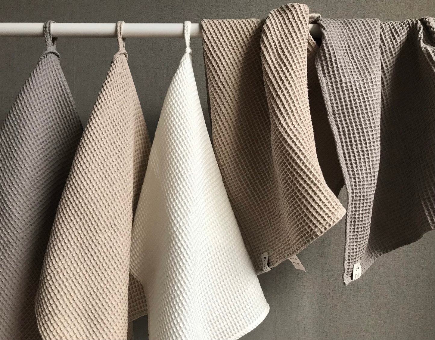 Cotton waffle weave tea towels. Kitchen hand towel. Beige