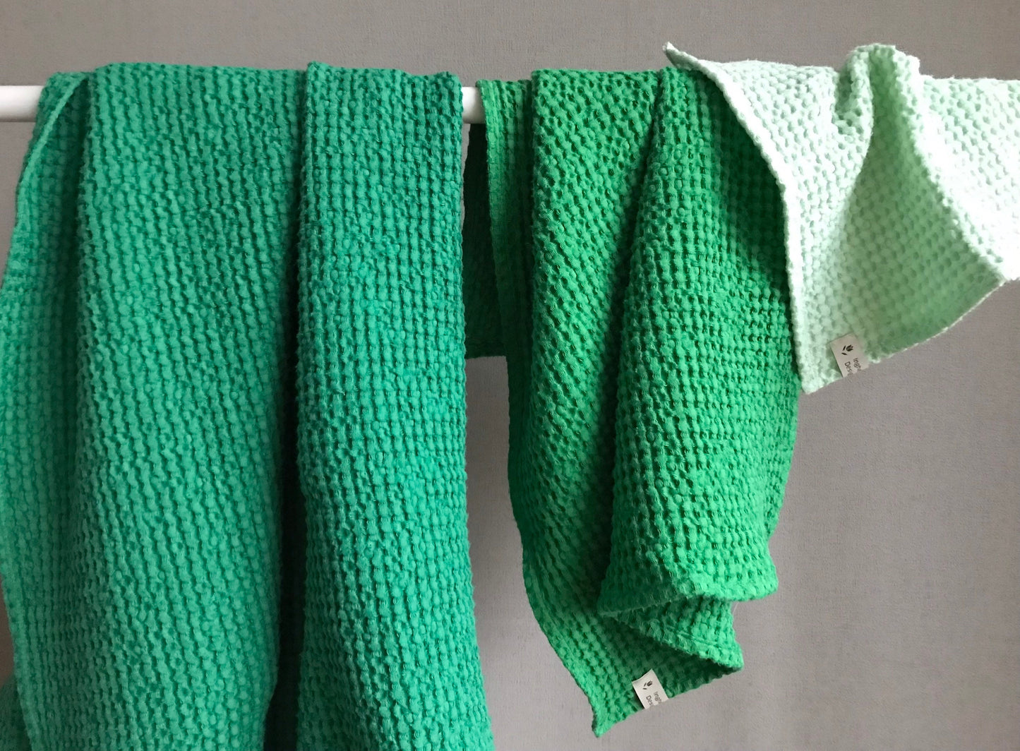 Waffle linen bath hand towels. Assorted colors, different sizes.