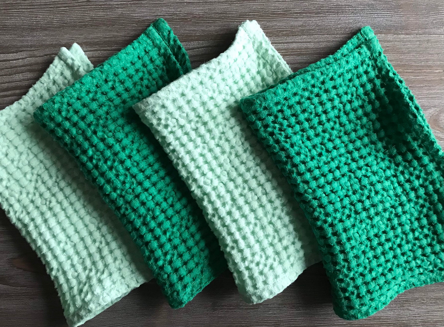 Set of 4 kitchen waffle linen dish clothes. Mint, emerald green