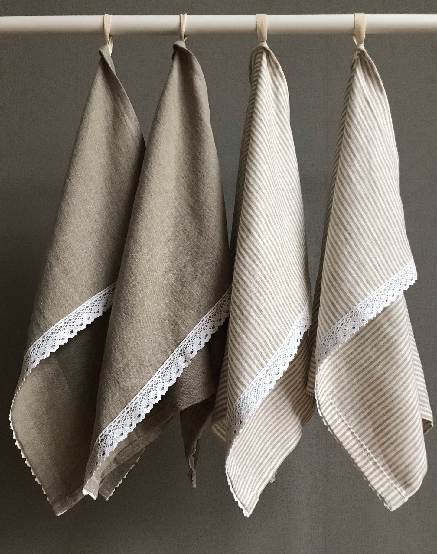 Linen tea towel with lace trim. Natural Linen. Beige stripes