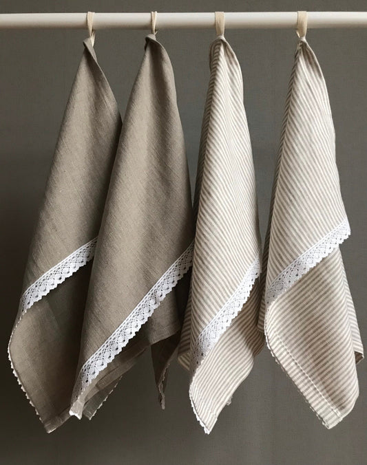 Linen tea towel with lace trim. Natural Linen. Beige stripes