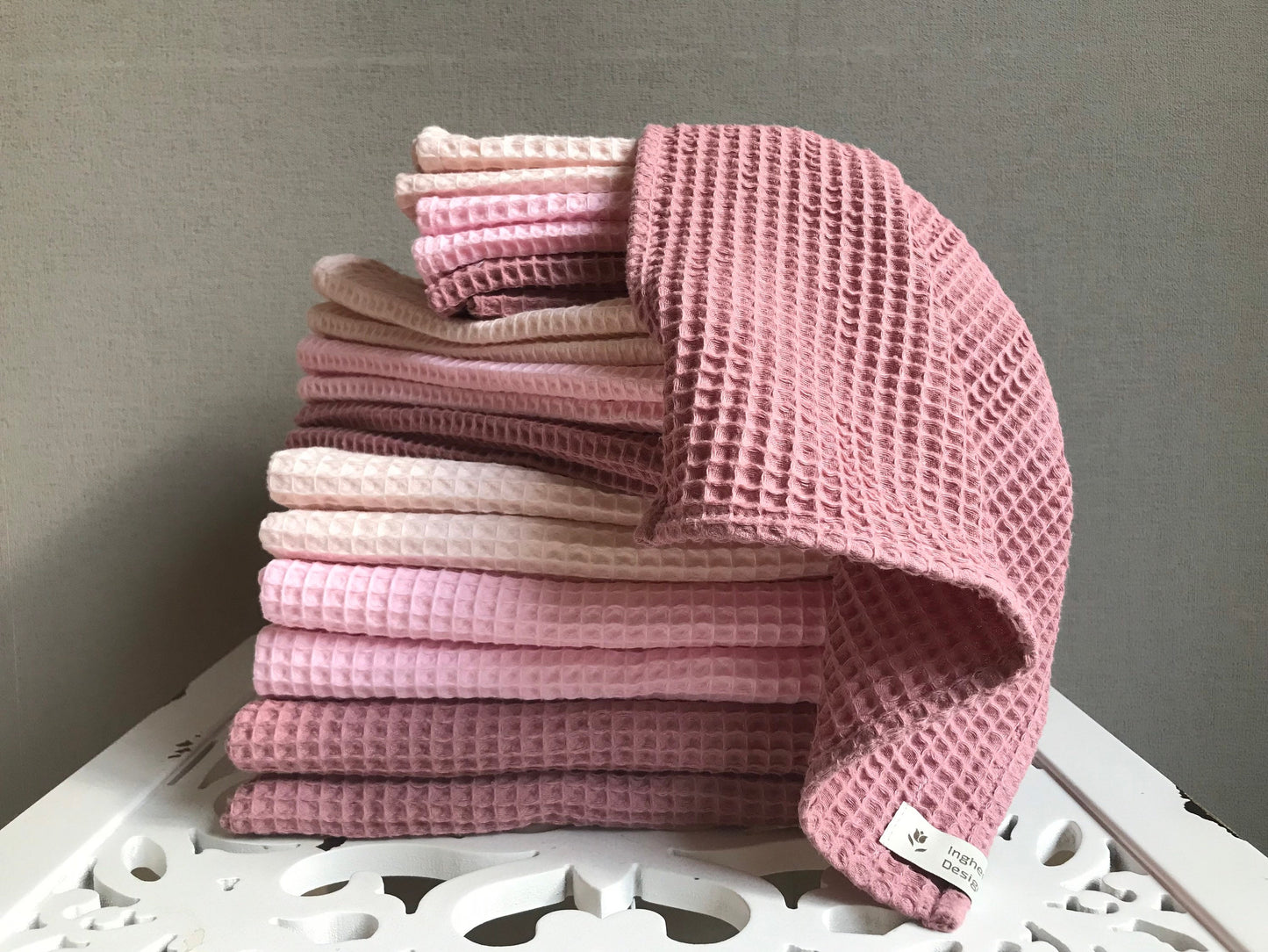 Cotton waffle kitchen towels. Hand towel. Pink