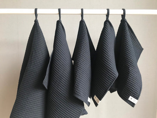 Cotton waffle towel. Kitchen Hand Towel. Charcoal black.