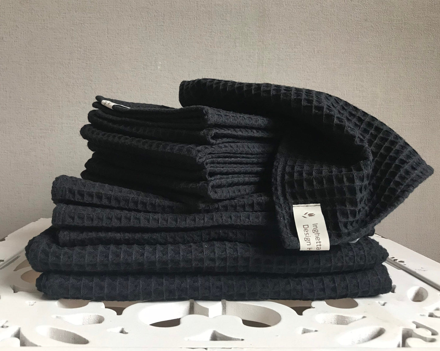 Cotton waffle towel. Kitchen Hand Towel. Charcoal black.