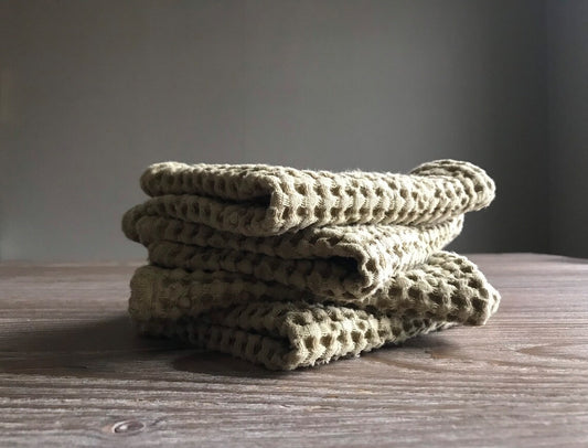 Set of 4 kitchen waffle linen dish clothes. Olive green