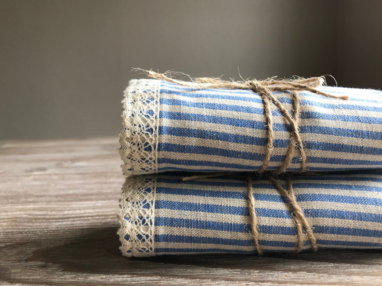 Linen tea towel with lace. Blue stripes