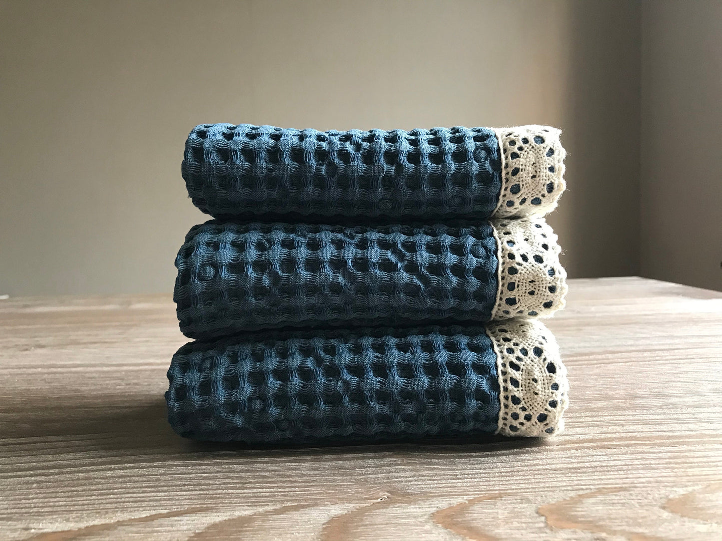 Fingertip face towel with lace. Waffle weave linen cotton blend. Blue