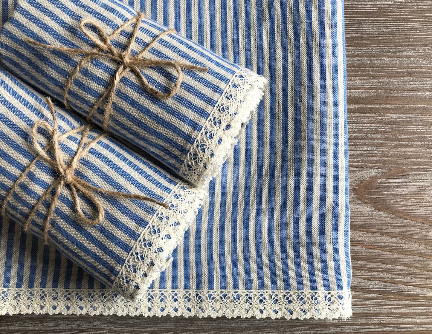 Linen tea towel with lace. Blue stripes