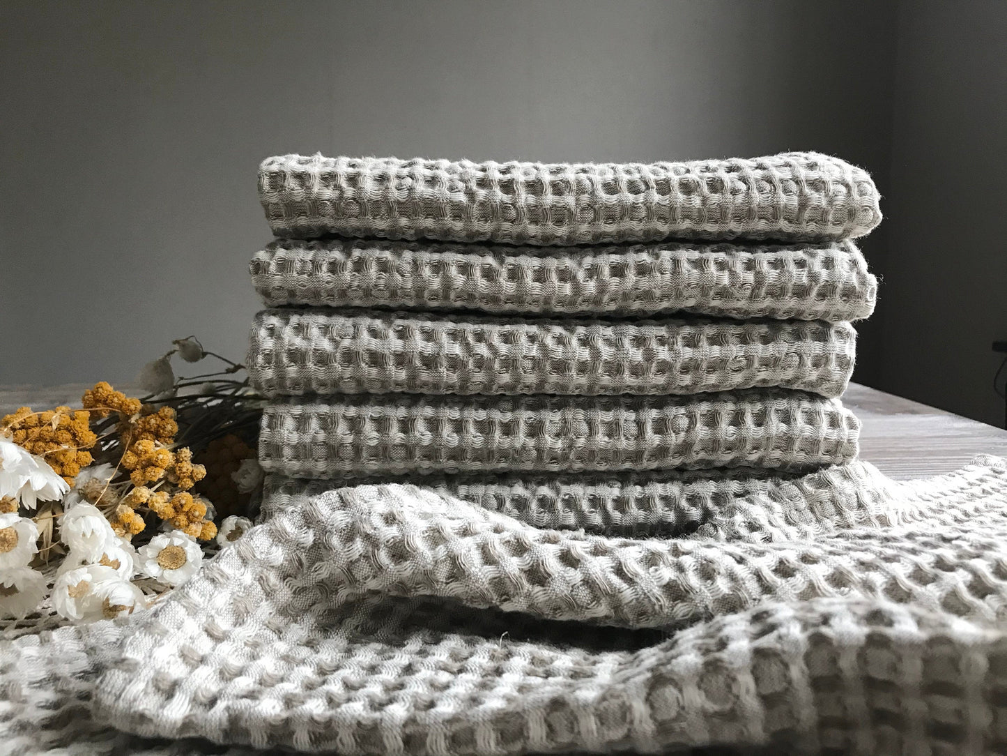 Waffle linen bathroom towel. Eco-friendly sustainable textile