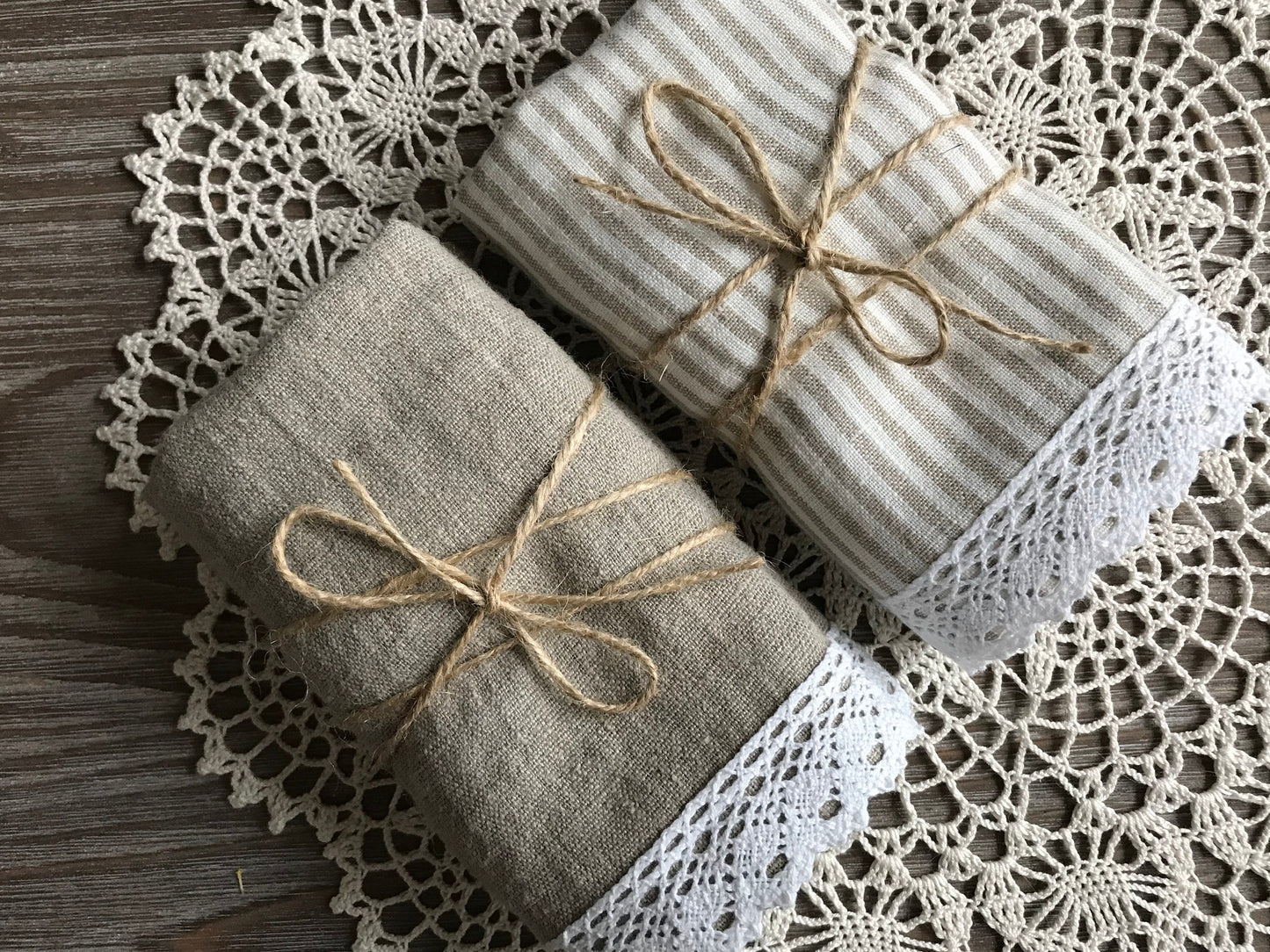 Linen tea towel with lace trim. Natural Linen. Beige stripes