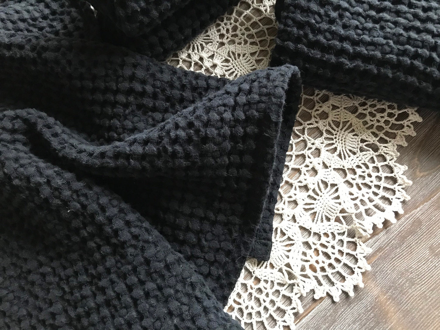 Fingertip waffle weave linen towel. Small face towel. Charcoal black