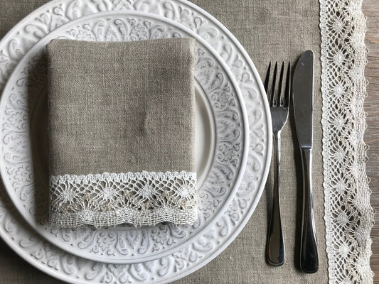 Linen napkins with lace. Natural linen color