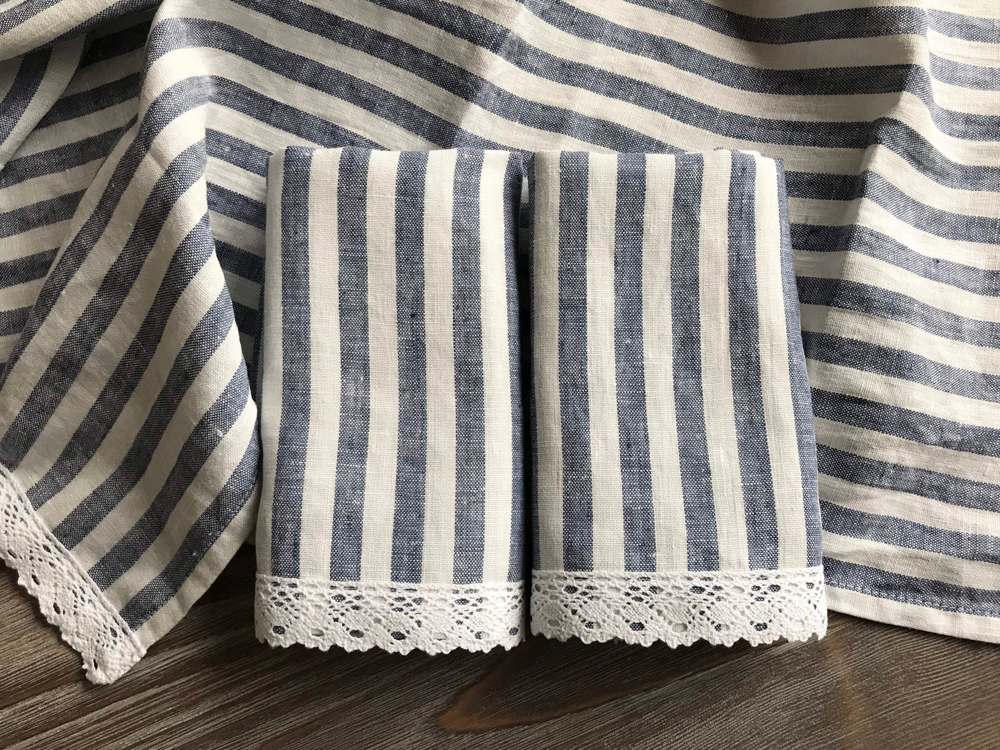 Linen tea towels with lace. Blue stripes kitchen towel