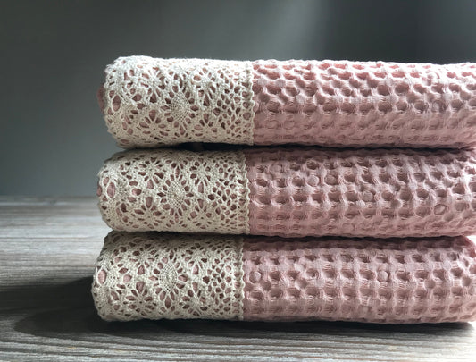 Linen waffle hand or guest towel with lace. Light pink