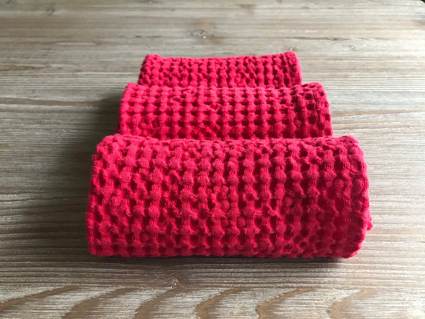 Fingertip linen waffle towel. Small face towel. Red